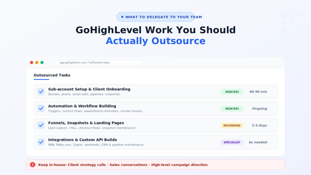 Comparison of three GoHighLevel outsourcing models for agencies: freelancer or solo VA ($300-$1,500/month, 4-8 weeks onboarding), dedicated GHL VA ($600-$2,000/month, 2-6 weeks), and white-label fulfillment partner ($997-$2,497/month, 24-72 hours)